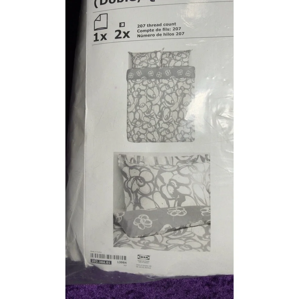 IKEA Klanglilja Duvet Set Full/Queen Floral White‎ Grey Reversible 202.304.01